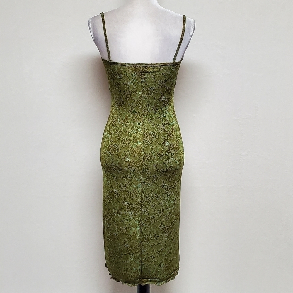 VINTAGE A. Aubrey Green Paisley Stretchy Pin-up Tie Bust Midi Bodycon Dress S - Picture 13 of 16